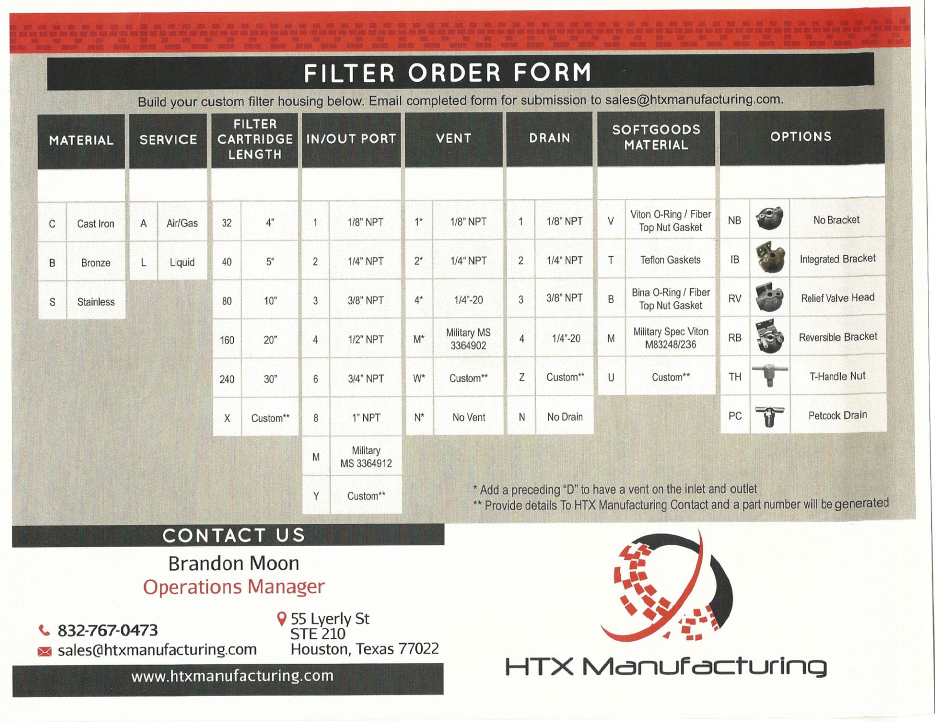 Filter order form detailing various filter types and specifications.